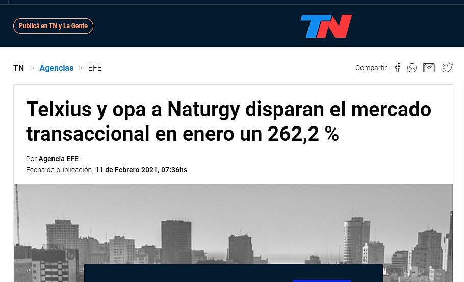 Telxius y opa a Naturgy disparan el mercado transaccional en enero un 262,2 %